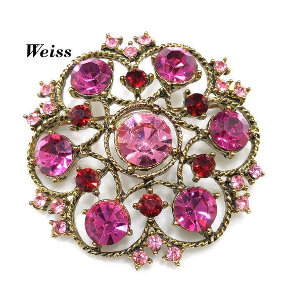 Weiss Pink Rhinestone Brooch, Antique Gold Rope P… - image 1