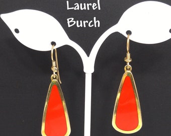 Laurel Burch Red & Gold Teardrop Earrings, Gold Plated, 1980s Vintage Jewelry