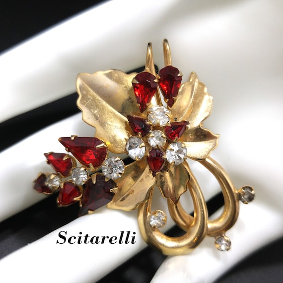 Scitarelli Gold Plated Brooch & Pendant, Red and … - image 1