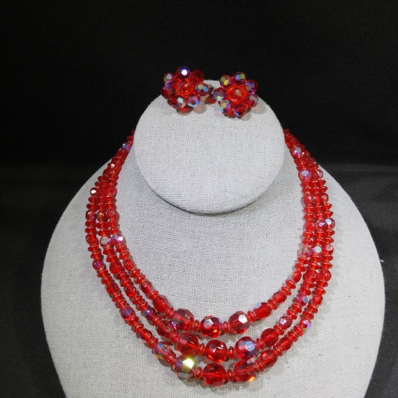 Czech Red Glass Beaded Necklace & Earrings, Fire … - image 3