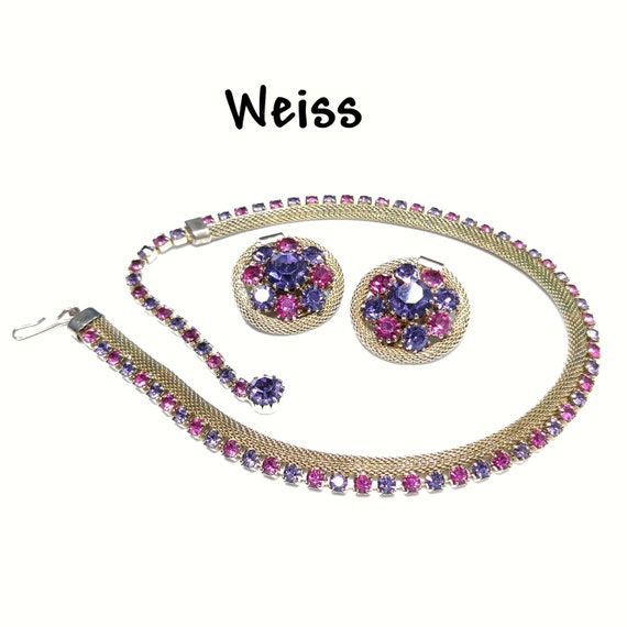 Weiss Mesh Purple Pink Rhinestone Necklace & Earr… - image 1
