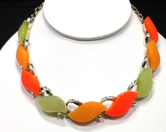 Vintage Moonglow Lucite Link Necklace, Orange & Green Choker, 1950s Vintage Jewelry