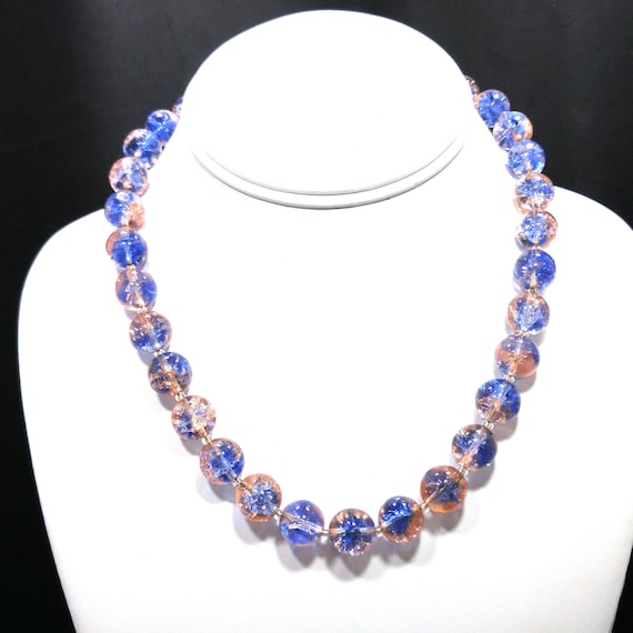 Blue Pink Crackle Glass Beaded Necklace, Filigree… - image 1