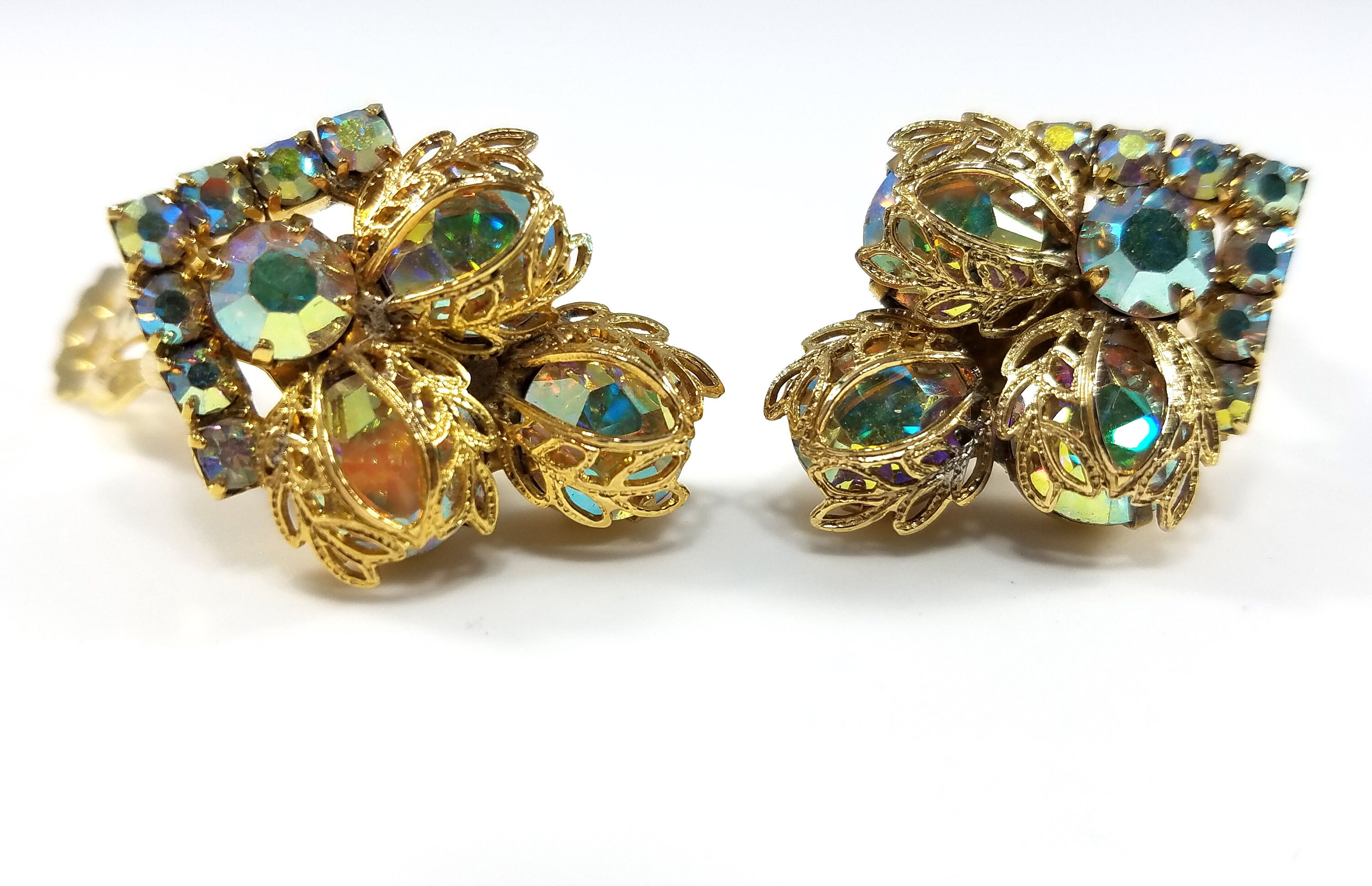 Vintage Aurora Borealis Filigree Clip Earrings 1960s Gold | Etsy