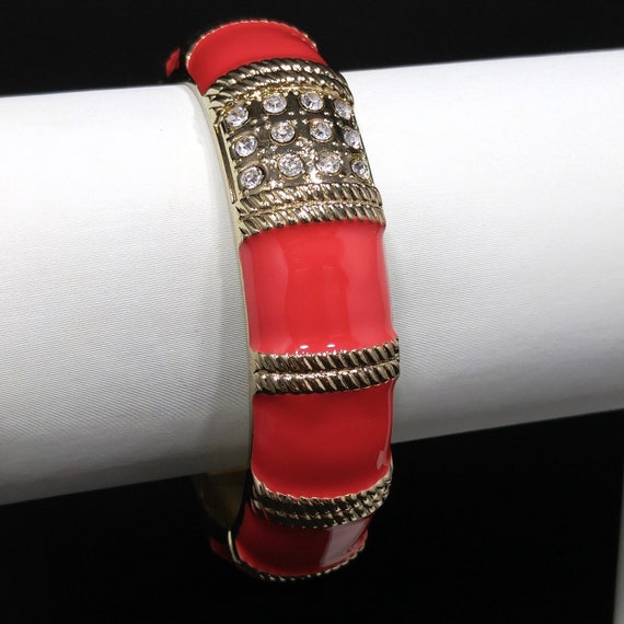 Red Enamel Gold Tone Hinged Bracelet, Clear Rhine… - image 3
