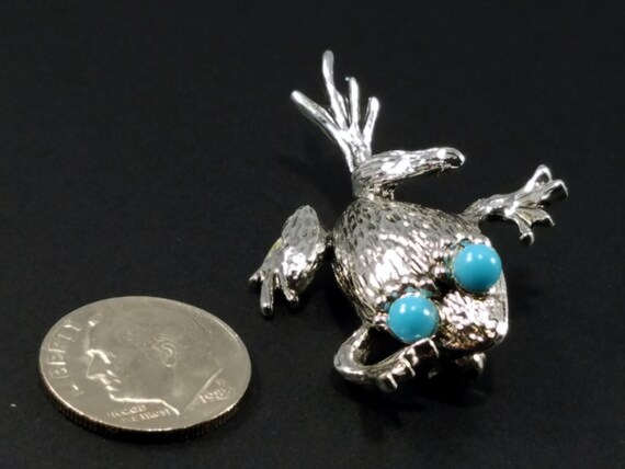 Emmons Frog Brooch, Faux Turquoise, Silver Tone, … - image 7