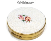 Vintage White Beaded Petitpoint Compact, Schildkraut, Coty Powder, 1950s Vintage Accessory