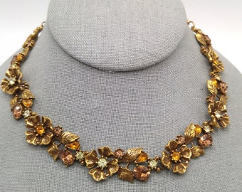 Topaz Rhinestone Floral Choker Necklace, Flower Links, 1960s