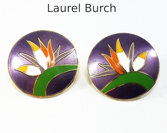 Vintage Laurel Burch Bird of Paradise Post Earrings Gold Cloisonne Enamel Purple Green White Orange Red Round Vintage Earrings