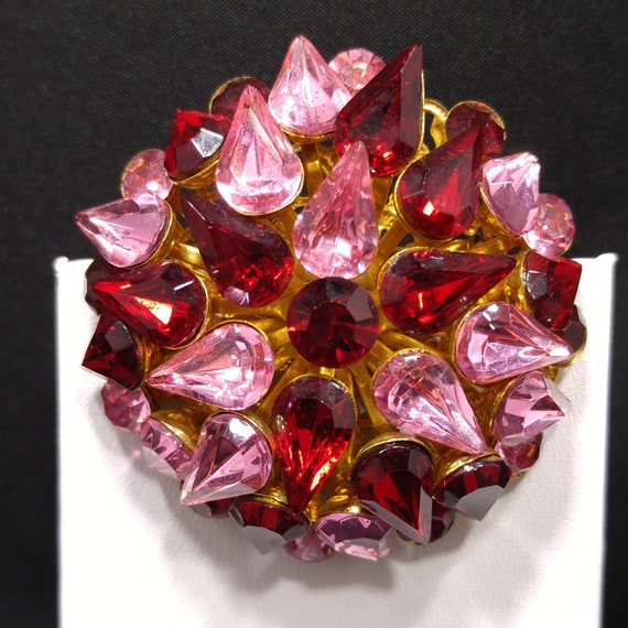 Red & Pink Domed Rhinestone Brooch, Gold Plated F… - image 5
