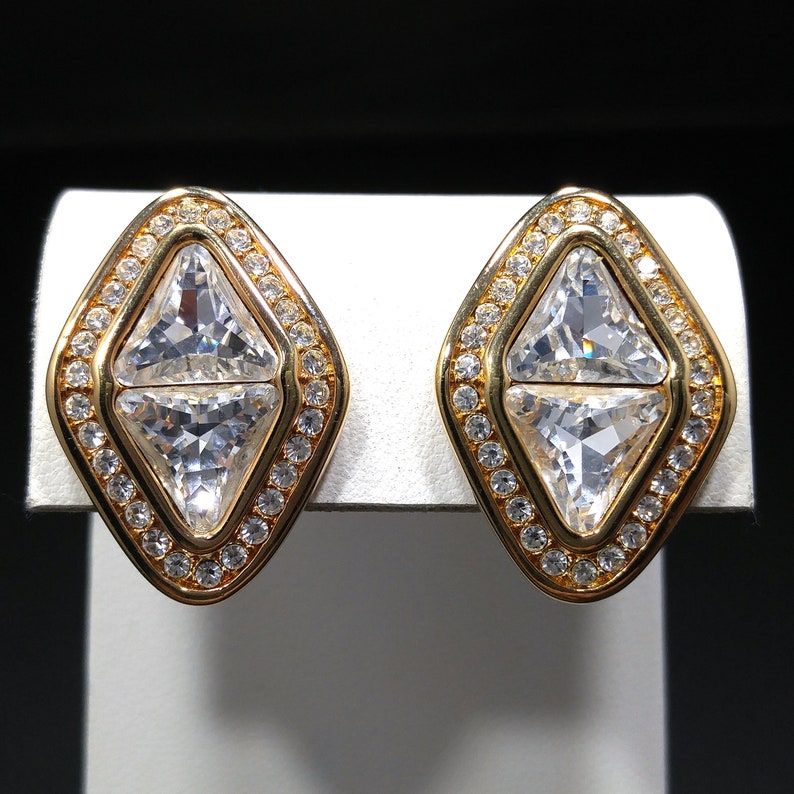Swarovski Clear Crystal Rhinestone Earrings, Gold Plated, 1990s Vintage Jewelry image 6