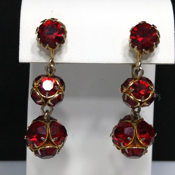 Red Rhinestone Long Clip Earrings, Rhinestone Bea… - image 5