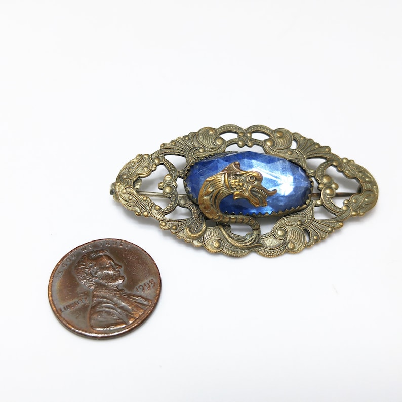 Antique Dragon Overlay Blue Glass Brooch, Edwardian Ornate Pin, 1910s Vintage Jewelry image 3