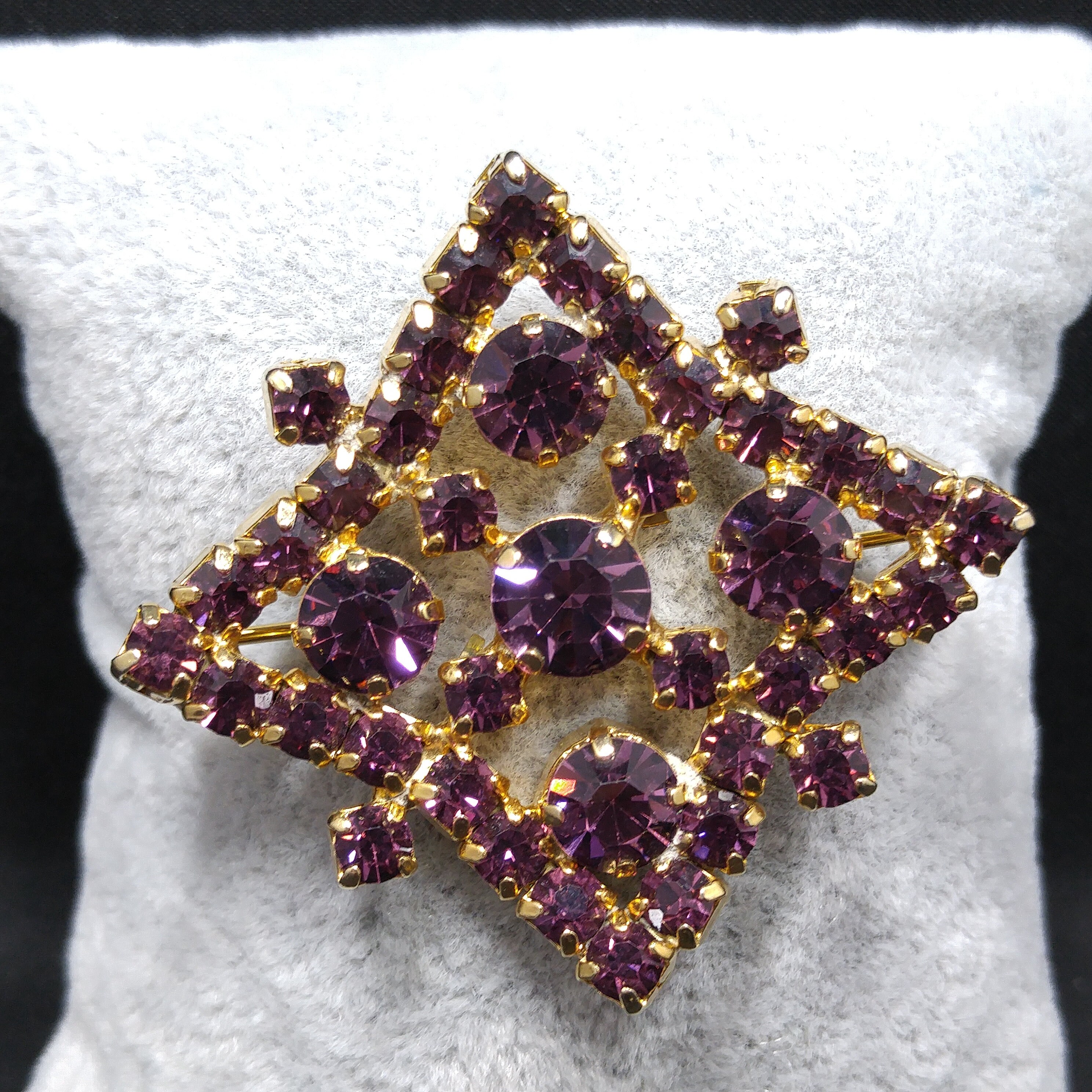 Kramer of New York Purple Rhinestone Brooch, Gold Plated