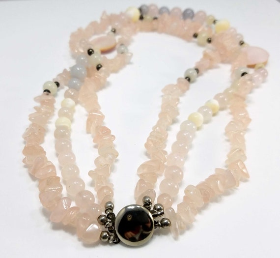 Gemstone Beaded Necklace, Rose Quartz, Mother of … - image 4