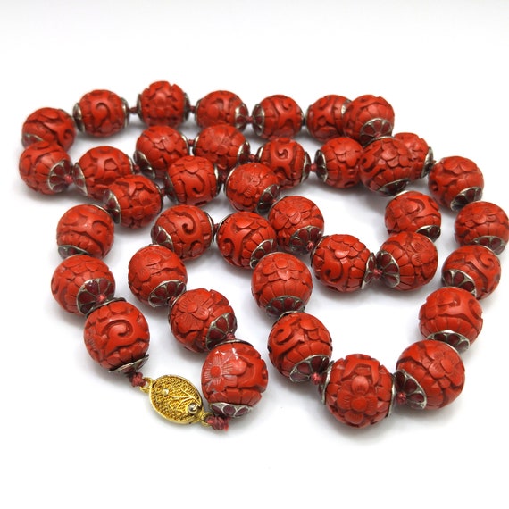 Hand Carved Red Bead Necklace, Chinese Import, Ha… - image 7