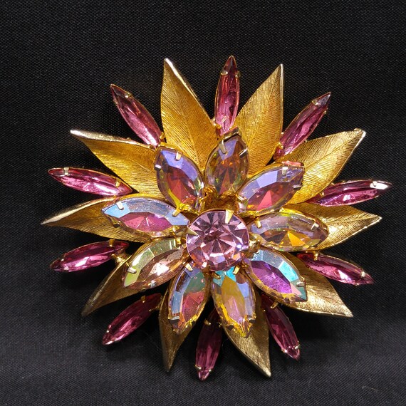 Pink Aurora Borealis Flower Brooch, Gold Plated, Light Dark Pink 