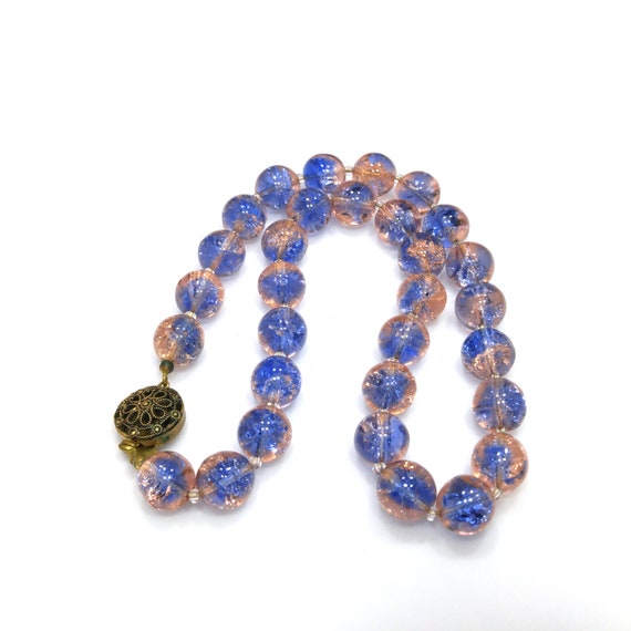 Blue Pink Crackle Glass Beaded Necklace, Filigree… - image 3
