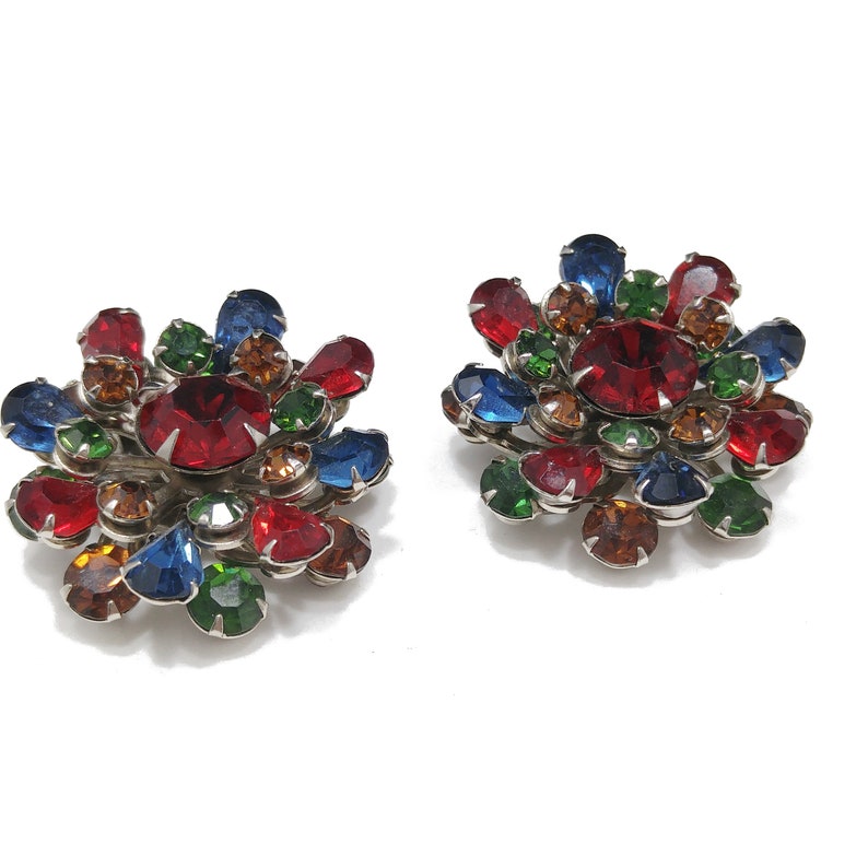 1950s Vintage Jewelry Mid Century Multicolored Rhinestone Earrings
