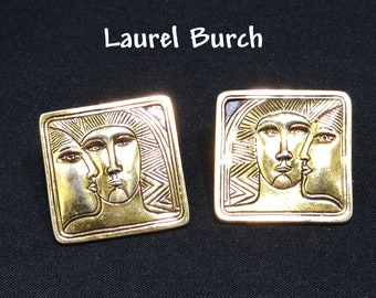 Laurel Burch Ancient Ancestors Post Earrings, Gold Plated, 1980s Vintage Jewelry