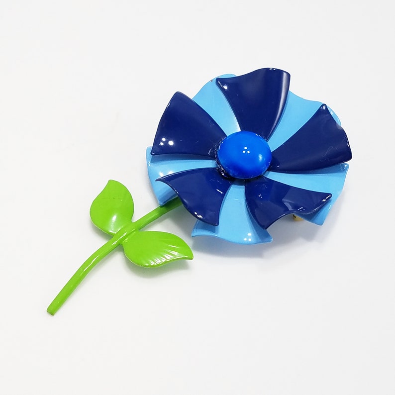 Vintage Two Toned Blue Enamel Metal Flower Brooch Green Stem Double Leaf Vintage Jewelry Vintage 1960s Flower Power Pinwheel Brooch Pin
