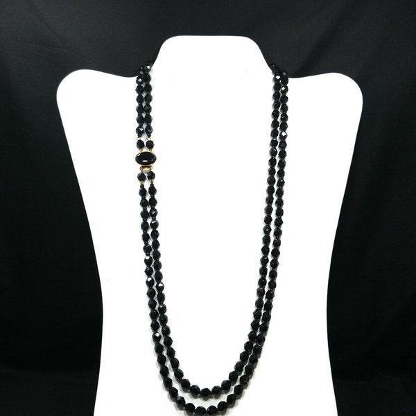 Vintage Jet Black Crystal Beaded Necklace, Two Strands 24",  6mm Faceted Beads, 1950s Vintage Jewelry