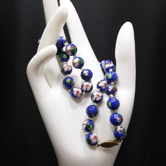 Cloisonne Blue Beaded Necklace, Floral Hand Paint… - image 3