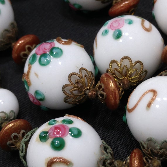 White Floral Lampwork Beaded Necklace, Hand Blown… - image 4