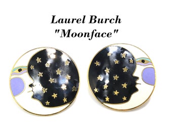 Laurel Burch "Moonface" Large Post Earrings, Cloisonné Gold Plate, Enamel Black White Purple, 1980s Vintage Jewelry