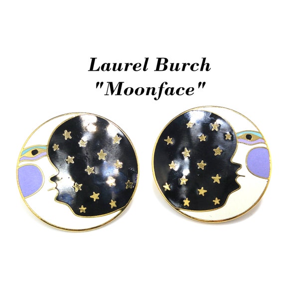 Laurel Burch "Moonface" Large Post Earrings, Cloisonné Gold Plate, Enamel Black White Purple, 1980s Vintage Jewelry