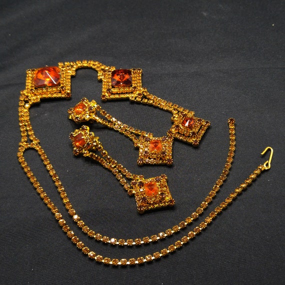 Topaz Glass Rhinestones Long Necklace Earrings, R… - image 9