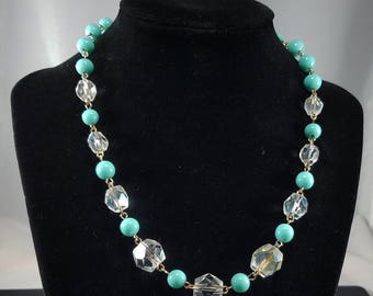 Vintage Hand Cut Crystal Beaded Necklace, Turquoise Lucite Beads, Mid-Century Vintage Jewelry