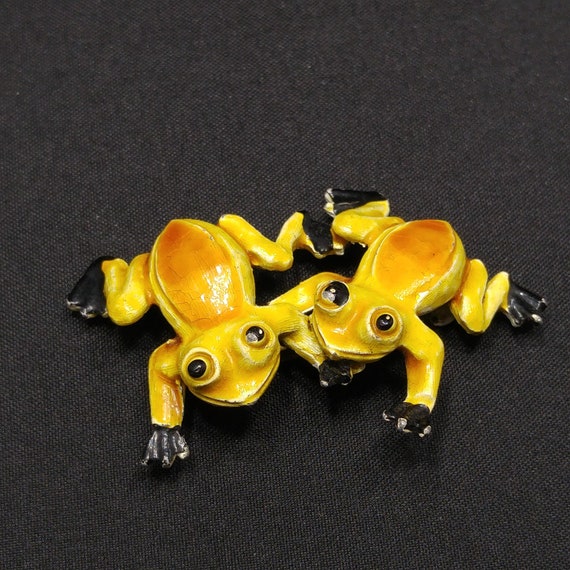 Twin Frogs Enamel Brooch, Two Yellow Gold Black F… - image 4