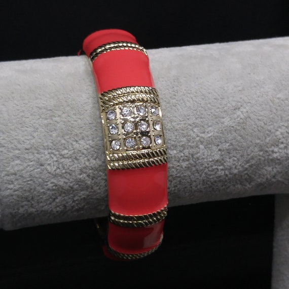 Red Enamel Gold Tone Hinged Bracelet, Clear Rhine… - image 7