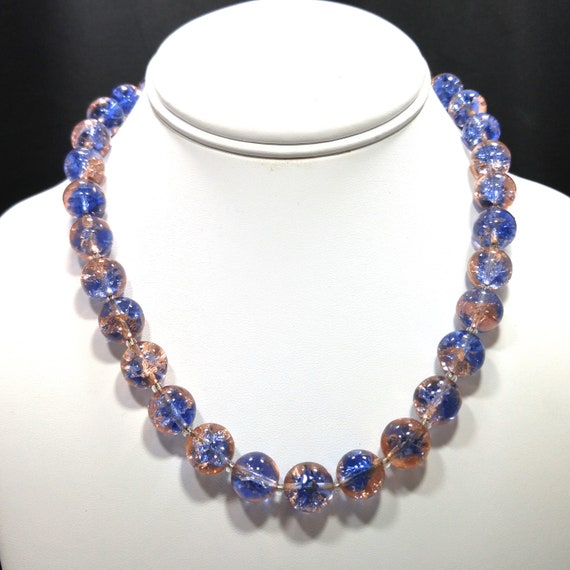 Blue Pink Crackle Glass Beaded Necklace, Filigree… - image 6