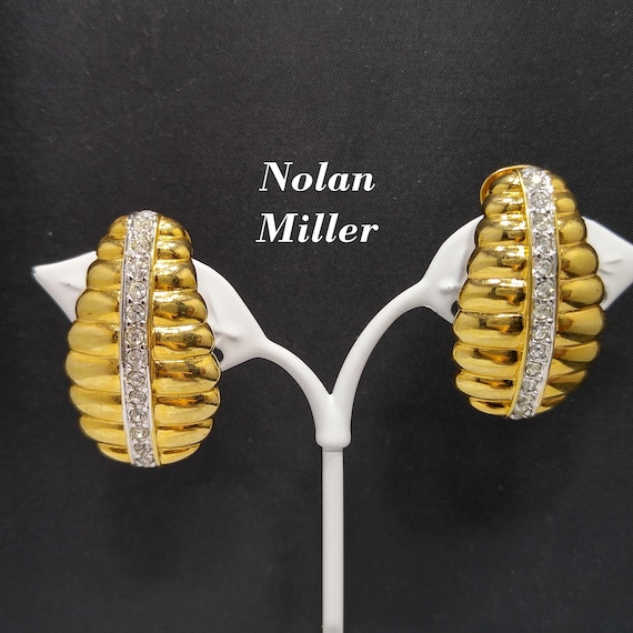 Nolan Miller Gold Plated Rhinestone Clip Earrings… - image 1