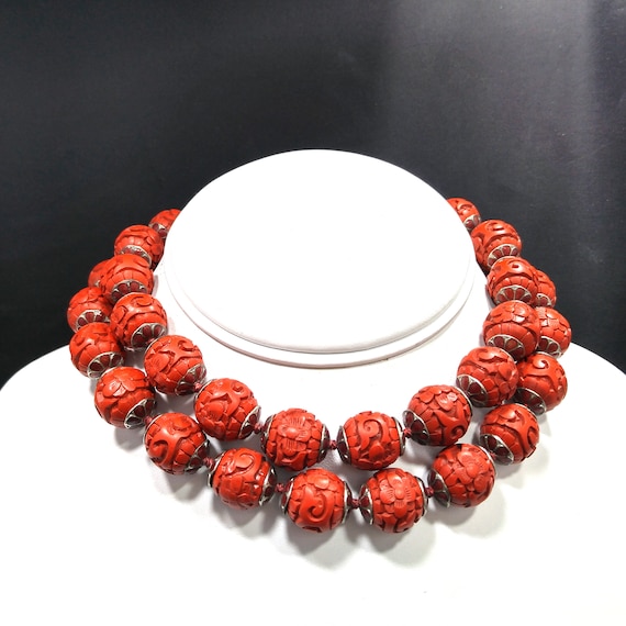 Hand Carved Red Bead Necklace, Chinese Import, Ha… - image 1