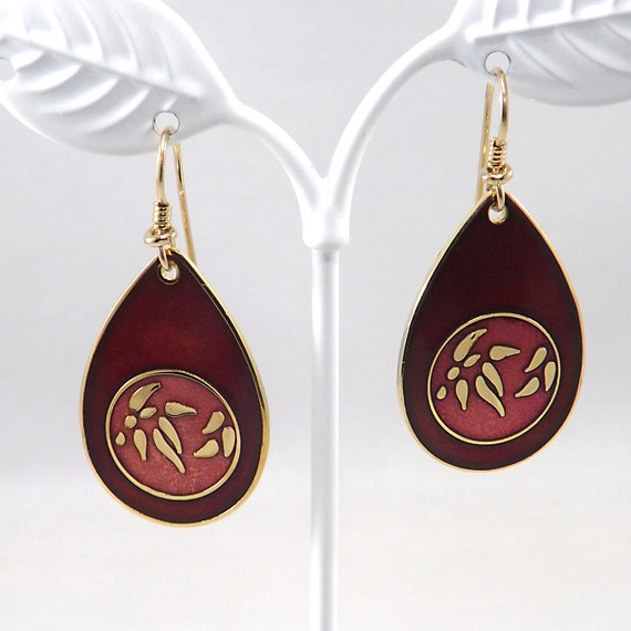 Laurel Burch Red Bamboo Earrings, Gold Plated, 19… - image 3
