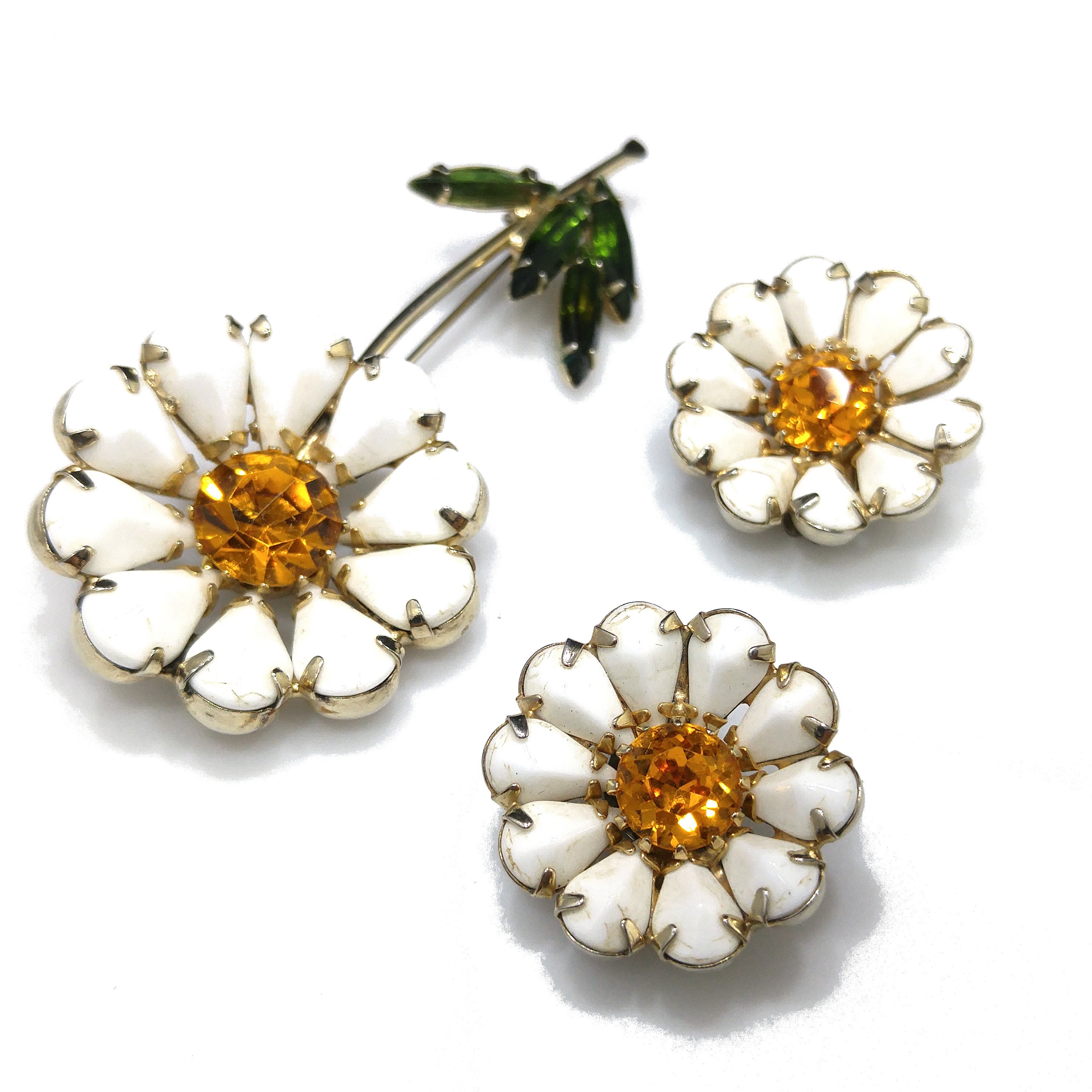 Weiss Flower Rhinestone Brooch & Earrings, Gold Plated