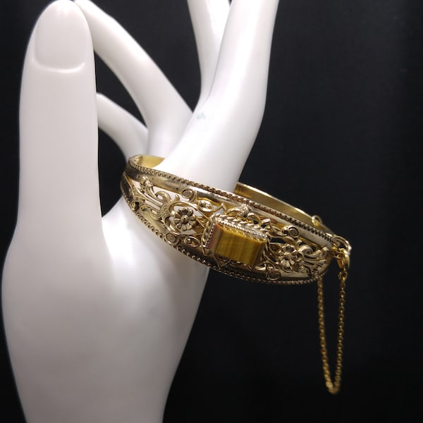 Gemstone Filigree Hinged Bracelet, Safety Chain, 1940s Vintage Jewelry