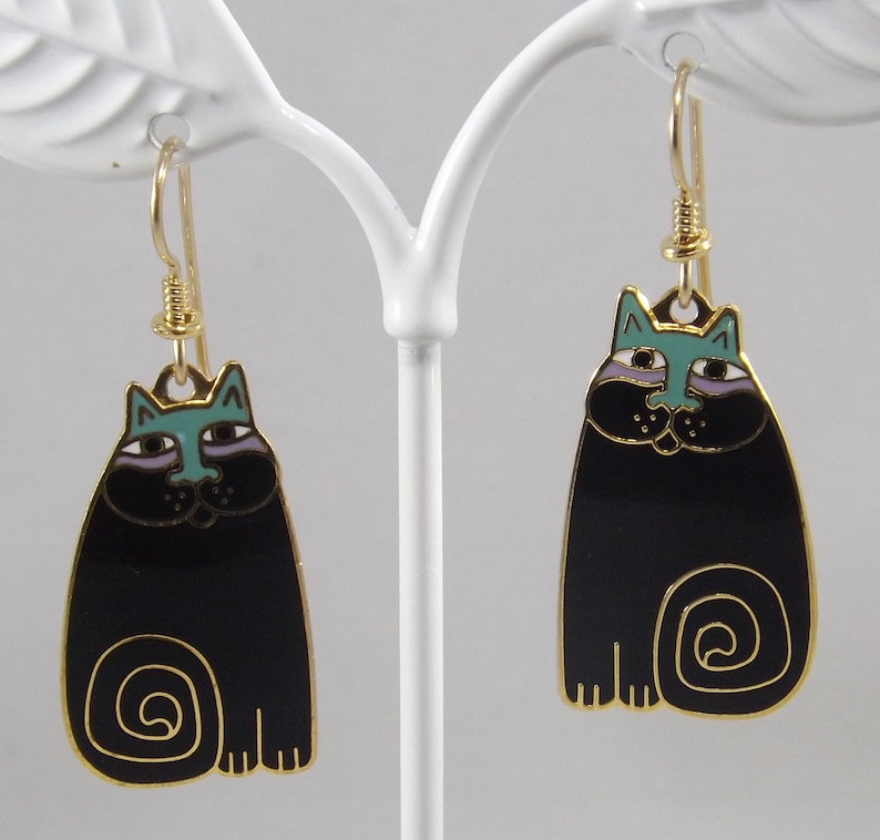 Laurel Burch Olivia Cat Earrings, Gold Plated, Black Enamel, 1980s Vintage Jewelry image 2