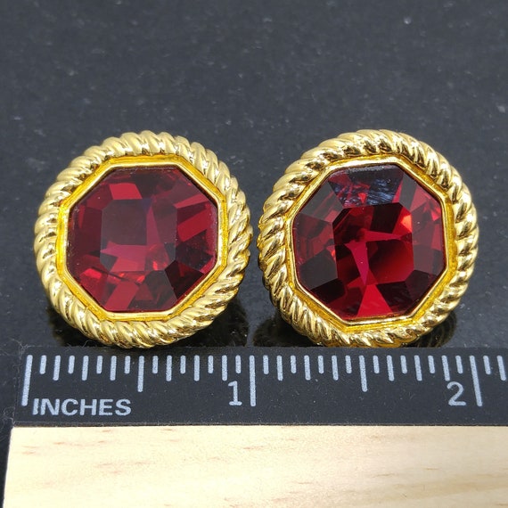 Swarovski Red Crystal Faceted Clip Earrings, Gold… - image 7