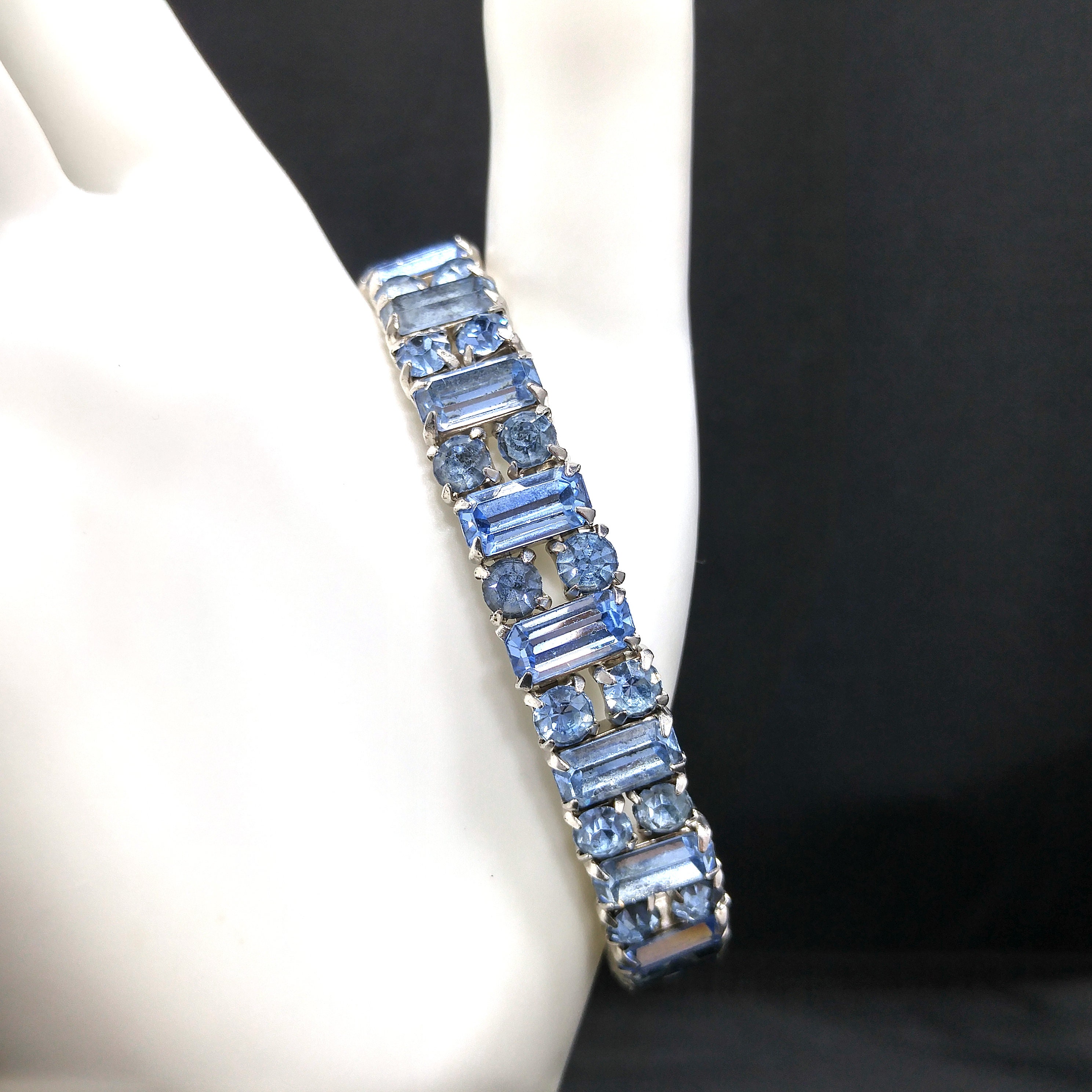 Weiss Light Blue Rhinestone Cuff Bracelet, Rhodium Plated