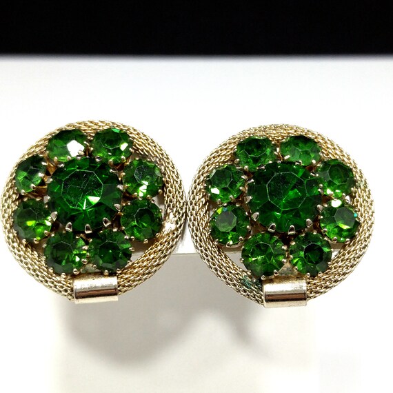 Weiss Green Rhinestone Gold Mesh Earrings, Emeral… - image 5