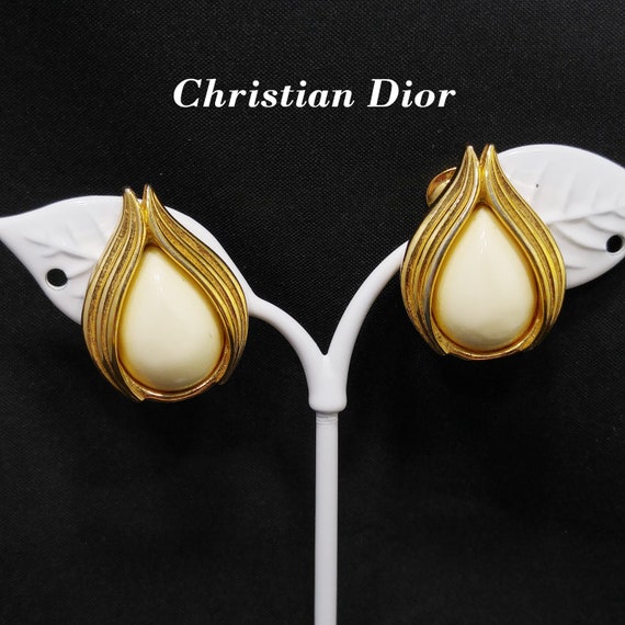 Christian Dior Cream Gold Plated Earrings, Rose B… - image 1