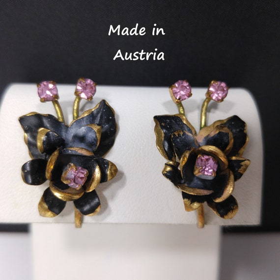 Austrian Floral Rhinestone Earrings, Screw Back E… - image 1