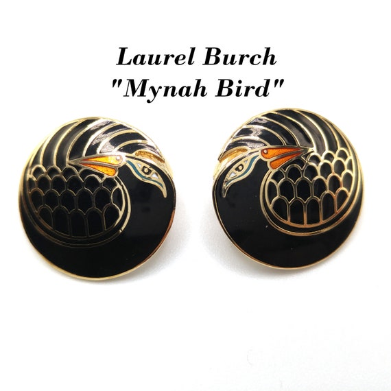 Laurel Burch "Mynah Bird" Black Clip Earrings, Gol