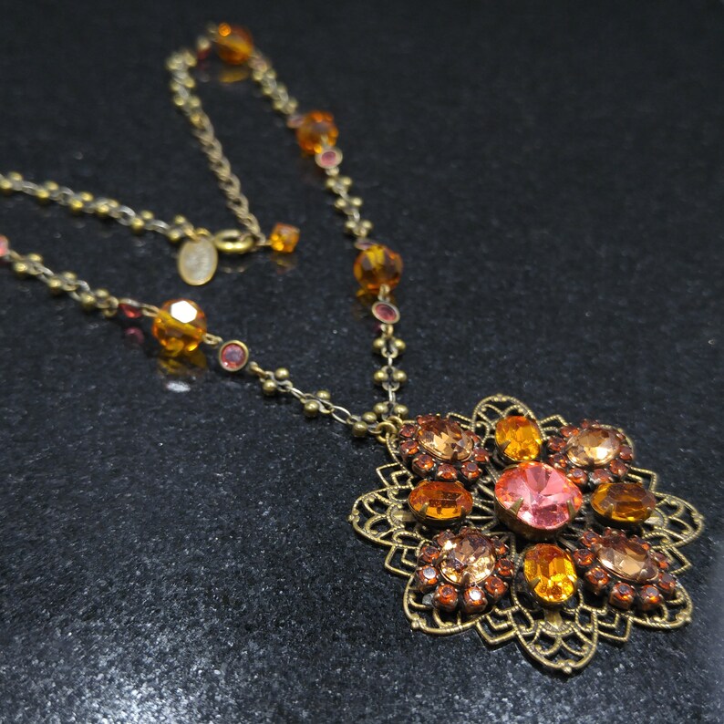 Liz Palacios Crystal Rhinestone Pendant Necklace, Light Topaz Peach Swarovski Crystals, 1990s Vintage Jewelry image 10