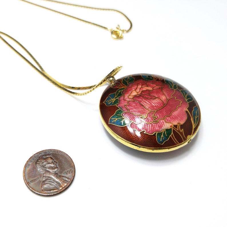 Cloisonne Rose Flower Double Sided Pendant, Gold Tone Long Chain, 1960s Vintage Jewelry image 4