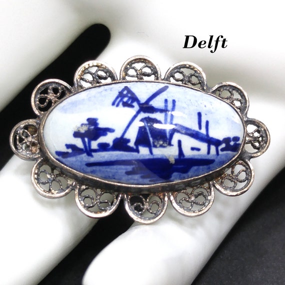 Dutch Delft 835 Silver Filigree Brooch, Windmill … - image 1